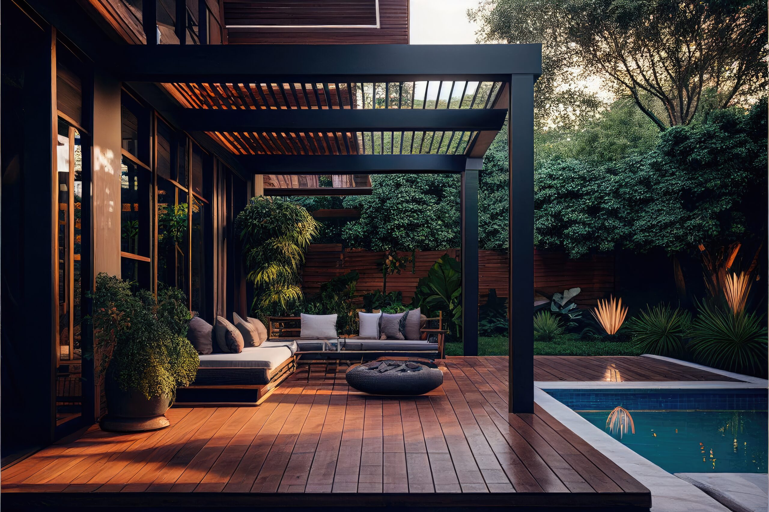 Backyard living space with outdoor furniture next to pool under